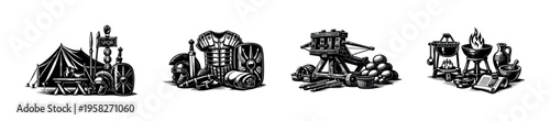 Medieval warfare elements, black and white vector illustrations, historical weaponry and equipment