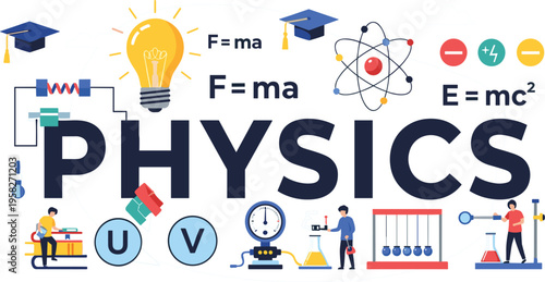 Physics Education Vector Illustration with Formula F equals ma and E equals mc squared Light Bulb Atom Laboratory Equipment and Science Learning Elements for Academic Design