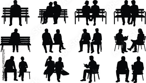 Silhouette people sitting on bench, social interaction scenes, park seating figures, human activities, communication, lifestyle illustration isolated vector set