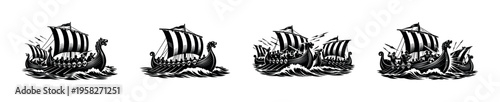 Viking ships silhouette vector illustration, nautical theme, black and white art, historical maritime clipart