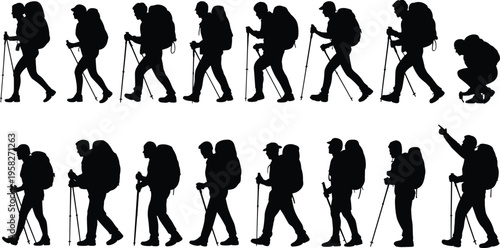 Hiking silhouettes set with backpackers trekking, mountain adventure, outdoor exploration, walking poses, travel lifestyle, camping journey, nature activity illustration collection