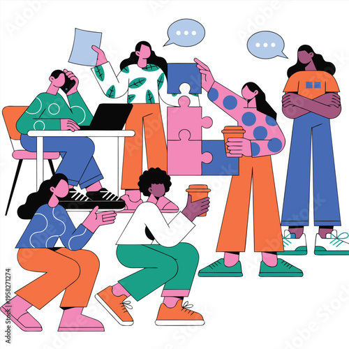 Diverse team collaborating on business project with puzzle pieces