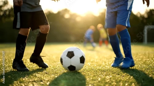 Soccer players standing on green field.