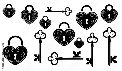 Ornate heart padlock and key silhouettes collection with scrollwork romantic vector illustration set