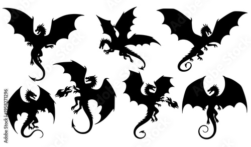 Dynamic dragon silhouettes with wings spread in action poses fantasy vector illustration set