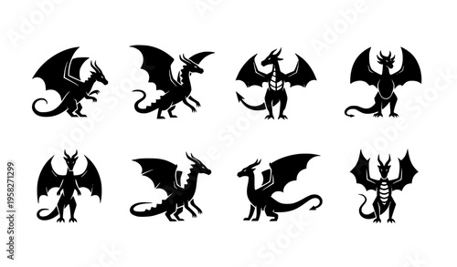 Dragon silhouette icons set with winged fantasy creatures minimal flat vector collection