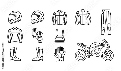 Motorcycle gear outline icons set with helmet jacket boots and sport bike flat vector collection