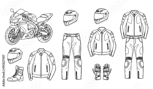 Motorcycle gear and sport bike line drawing collection with helmet jacket boots outline vector illustration