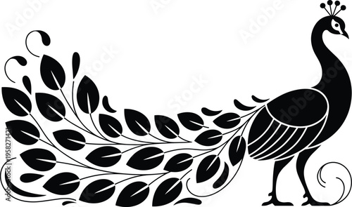 Peacock silhouette vector, decorative bird illustration, elegant tail feathers design, black and white animal art, ornamental nature graphic style