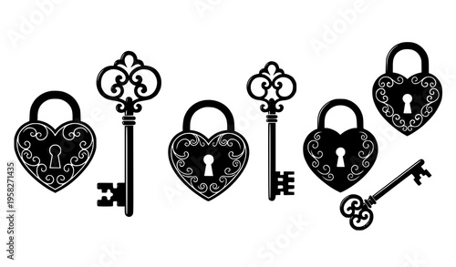 Heart shaped padlock and key silhouettes with ornate scrollwork romantic vintage vector set