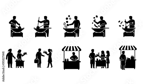 Street food vendor and customers silhouettes icon set with wok cooking and serving scenes vector collection