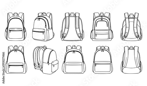 Backpack line art set with multiple views school bag travel luggage outline vector collection