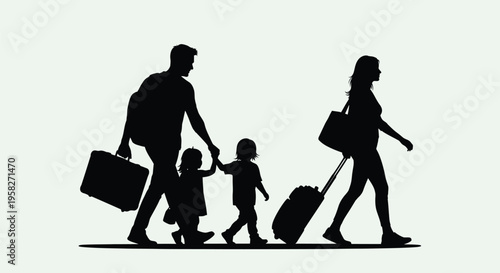 Vector silhouette of family with luggage walking