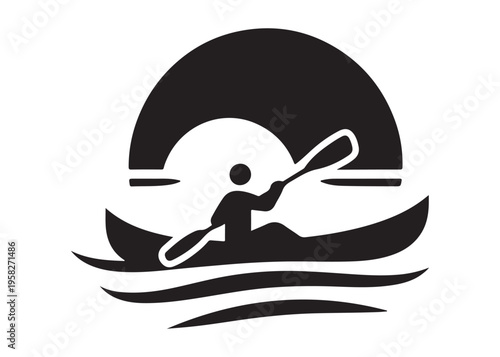paddling kayak  logo silhouette vector, canoe lake log silhouette illustration, kayak boat silhouettes logo, kayak silhouette logo, canoeing and kayaking logo silhouette design on white background