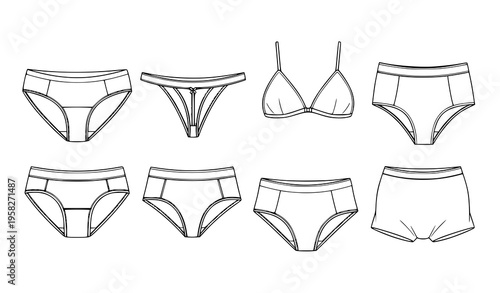 Women lingerie underwear line art set with panties thong and various styles outline vector collection