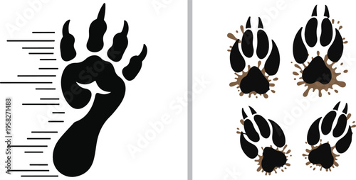 A vector illustration featuring a black footprint with horizontal speed lines on the left and four black animal paw prints with brown mud splatter effects on the right.