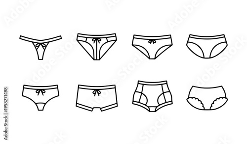 Lingerie underwear outline icons set with panties thong and briefs flat vector fashion collection