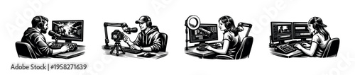 Black and white vector illustration of video content creators with computers, microphones, and editing equipment