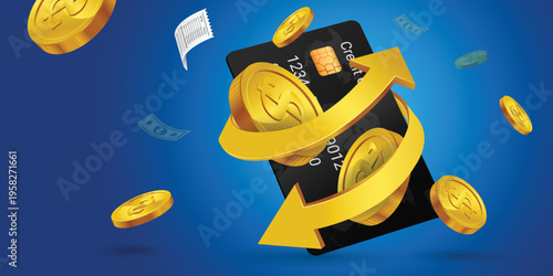 Cash back, money saving vector concept with dollar coins, wallet, arrows, credit card.Guarantee bonus program finance sticker. Online shopping, cash back sale offer emblem,Cash back service, financial