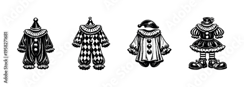 Black and white silhouette of vintage clown costumes illustration, decorative elements