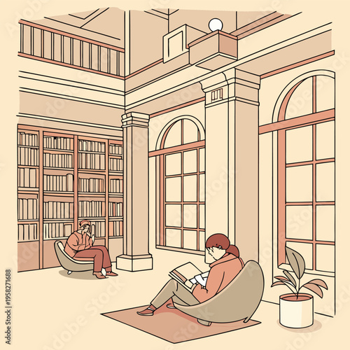 People reading books in a quiet library vector illustration