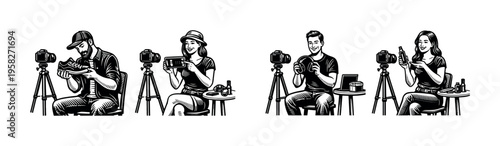 Black and white vector illustration of photographers with cameras and equipment in silhouette style