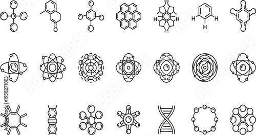 Molecule and Atomic Structure Line Icon Set Vector with Chemical Compounds DNA Helix Atomic Models and Scientific Symbols for Chemistry Physics and Biology Design