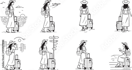 Woman traveler with suitcase set line art walking airport travel scenes female tourist outline