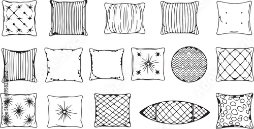 Collection of hand drawn throw pillow sketches with various patterns and shapes
