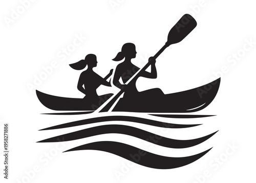 paddling kayak  logo silhouette vector, canoe lake log silhouette illustration, kayak boat silhouettes logo, kayak silhouette logo, canoeing and kayaking logo silhouette design on white background