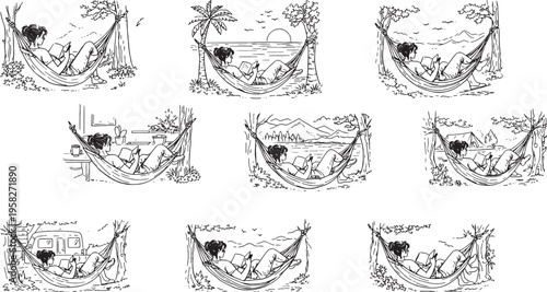 Couple relaxing in hammock set line art romantic tropical scenes beach nature outline illustration