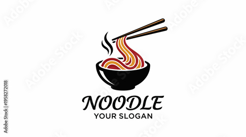 An appetizing logo of a noodle bowl with chopsticks lifting noodles, capturing the delightful essence of Asian cuisine and the joy of eating.