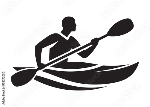 paddling kayak  logo silhouette vector, canoe lake log silhouette illustration, kayak boat silhouettes logo, kayak silhouette logo, canoeing and kayaking logo silhouette design on white background