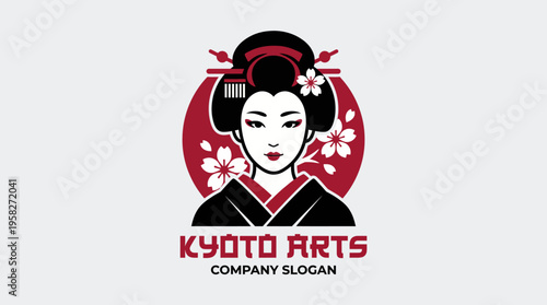 A stunning logo depicting a geisha framed by cherry blossoms, embodying the elegance and beauty of traditional Japanese culture and artistry.