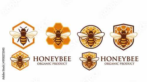 A collection of honey-themed logos showcasing bees and honeycomb, emphasizing the organic nature of the product and its connection to nature’s sweetness.