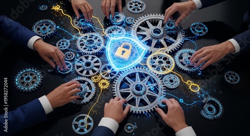 Business team works together on gear system with security lock