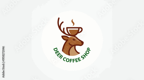 This refined logo design features a stylized deer with a coffee cup atop its antlers, symbolizing a cozy coffee shop atmosphere with a unique touch of nature and hospitality.