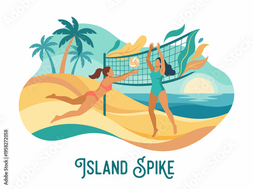 A vibrant illustration of two women playing volleyball on a sunny beach, highlighting athleticism and the joy of outdoor sports and friendship.