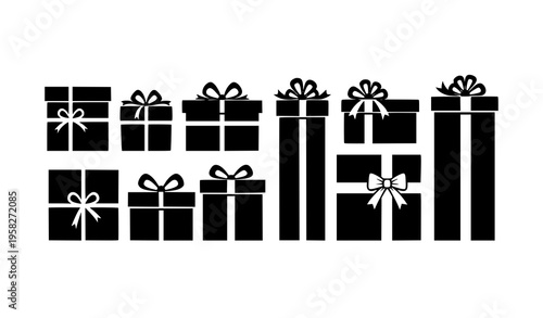 Black gift box silhouettes with white ribbon and bow details elegant present vector collection