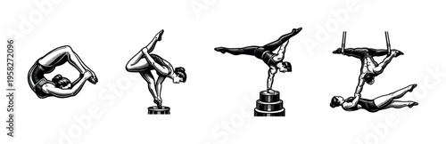 Black and white vector illustration of acrobats performing aerial and balancing acts on rings