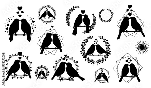 Kissing bird silhouettes with hearts and decorative frames dynamic romantic vector illustration set