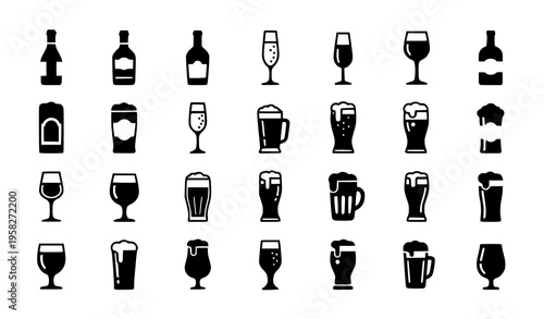 Modern alcohol drink silhouettes grid with wine bottles champagne glasses and beer pints flat vector icons