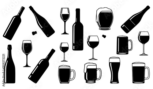 Alcohol drink silhouettes collection with wine bottles champagne flutes and beer glasses dynamic vector set