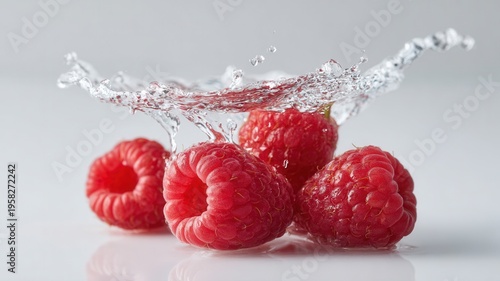 Fresh raspberries splashing in clear cool water on a white background, symbolizing freshness, healthy eating and summer fruit