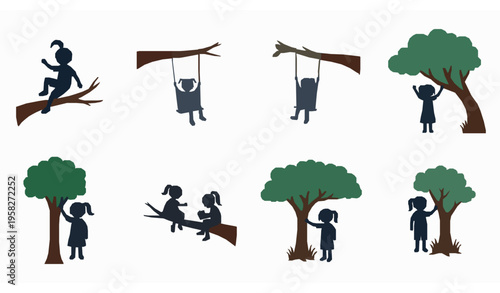 Kids tree activity silhouettes icon set children climbing swinging and playing outdoor vector collection
