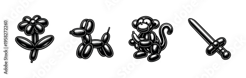 Black and white vector illustrations of balloon animals and objects including flower monkey and sword