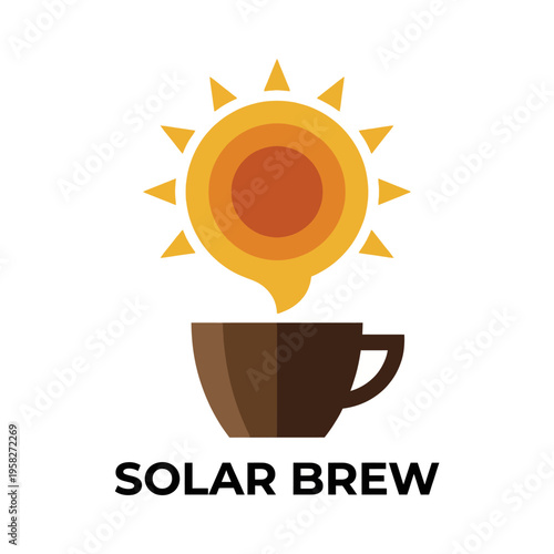 This logo features a cup of coffee with a radiant sun symbol, conveying the idea of solar brewed coffee, perfect for eco-conscious consumers seeking innovative drinks.