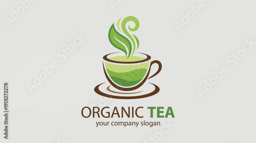 This logo represents an organic tea brand with a warm cup and green leaves, emphasizing health, sustainability, and the soothing nature of tea consumption.