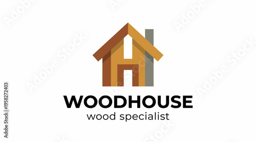 The logo for Woodhouse cleverly incorporates a stylized house shape with wood-like textures, emphasizing craftsmanship and specialization in woodworking and homebuilding.