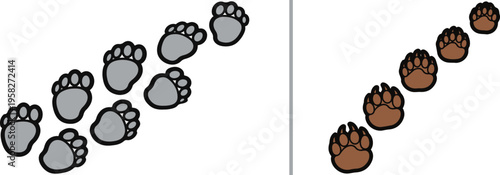Vector illustration comparing two sets of animal tracks. On the left, a double row of gray, rounded footprints; on the right, a single diagonal line of brown paw prints with sharp claws.